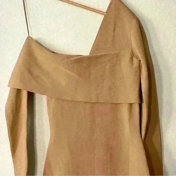 Reiss Ella Dress One Shoulder Long Sleeve BodyCon Knit Camel Midi Academia Sexy - Picture 5 of 12